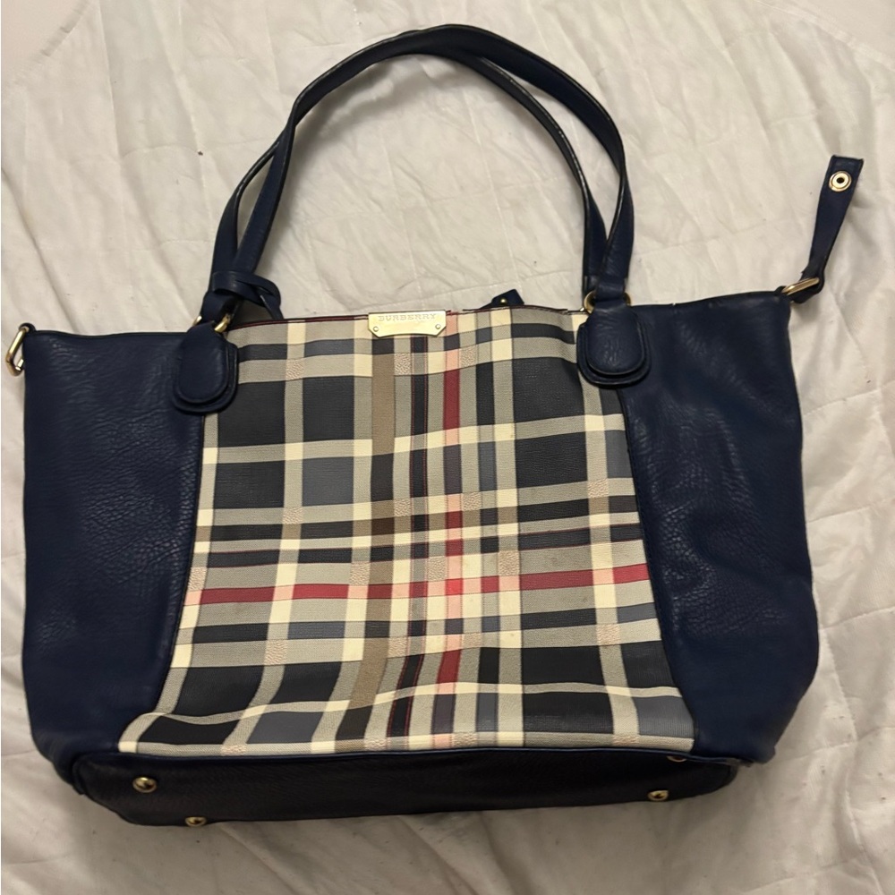 Vintage Elegant Navy and Plaid Burberry Women's Tote Bag 100% Autentic